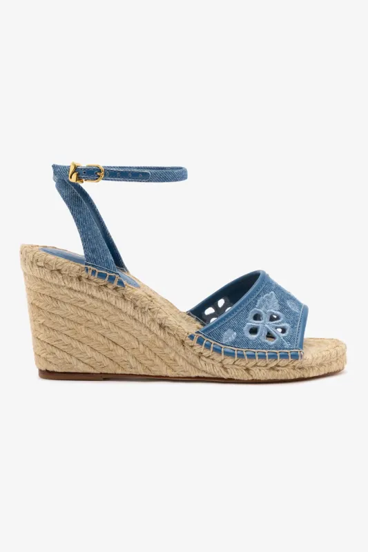 Letizia Espadrille Wedge In Blue Stoned Denim and Hibiscus Broderie sold by Larroude