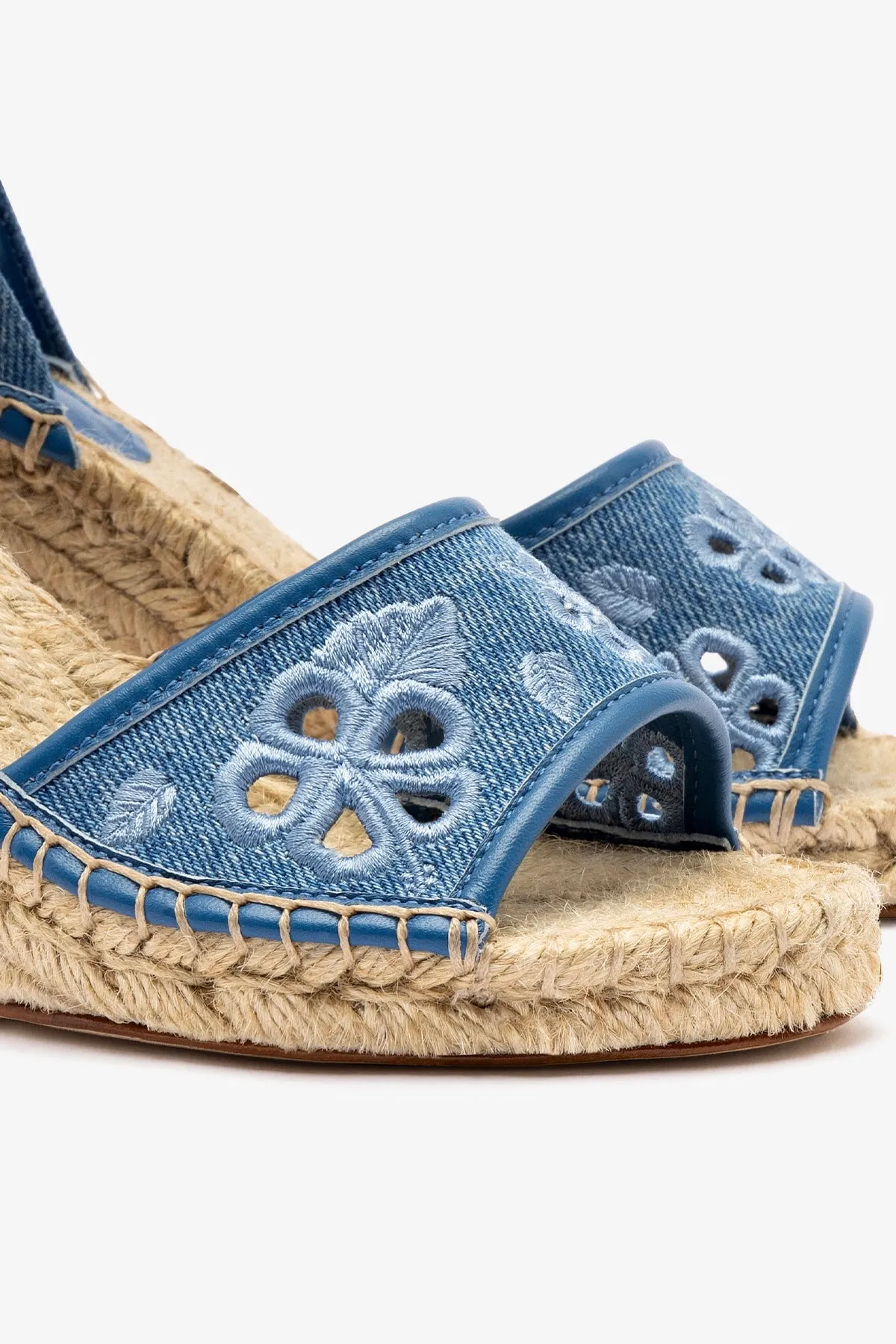 Letizia Espadrille Wedge In Blue Stoned Denim and Hibiscus Broderie sold by Larroude product image thumbnail 4