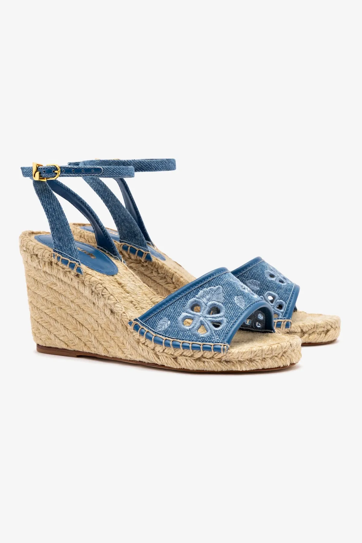 Letizia Espadrille Wedge In Blue Stoned Denim and Hibiscus Broderie sold by Larroude product image thumbnail 2