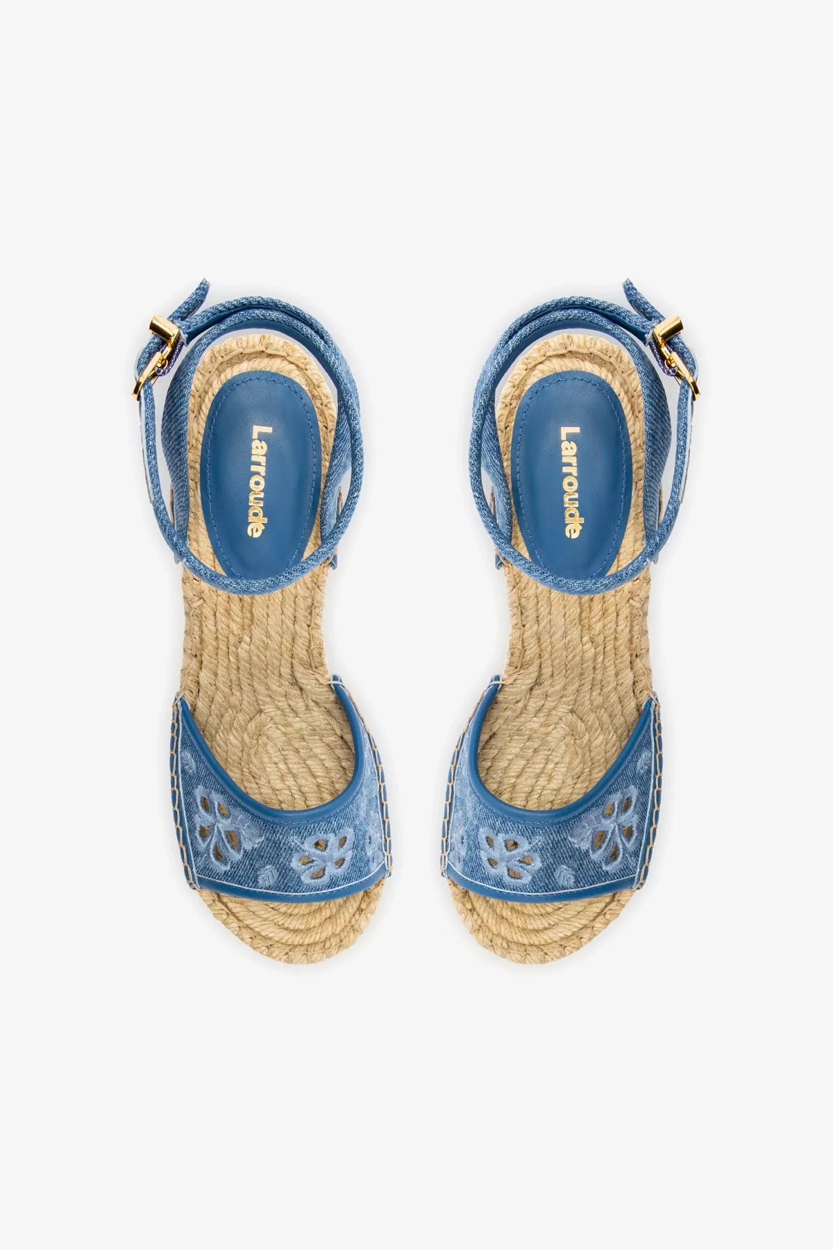 Letizia Espadrille Wedge In Blue Stoned Denim and Hibiscus Broderie sold by Larroude product image thumbnail 3