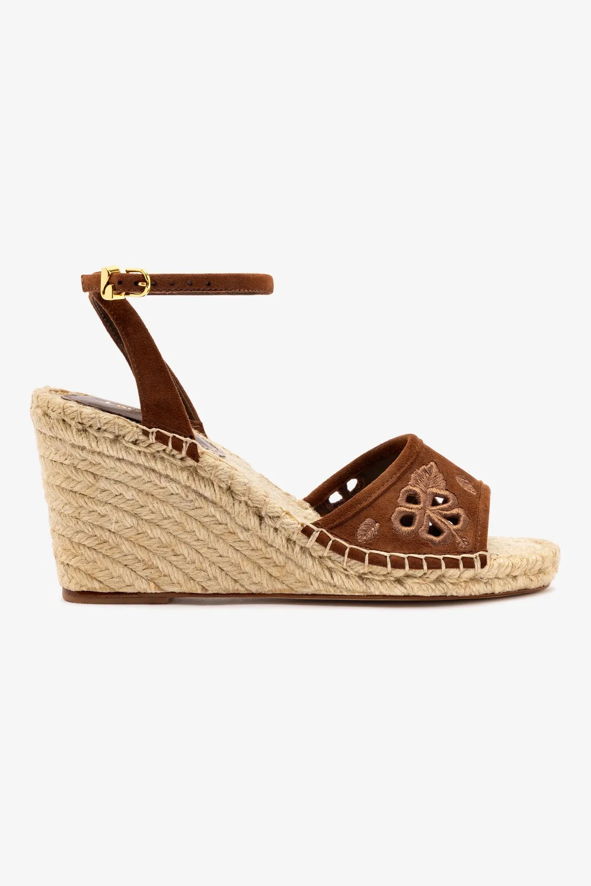 Letizia Espadrille Wedge In Burnt Umber and Hibiscus Broderie sold by Larroude