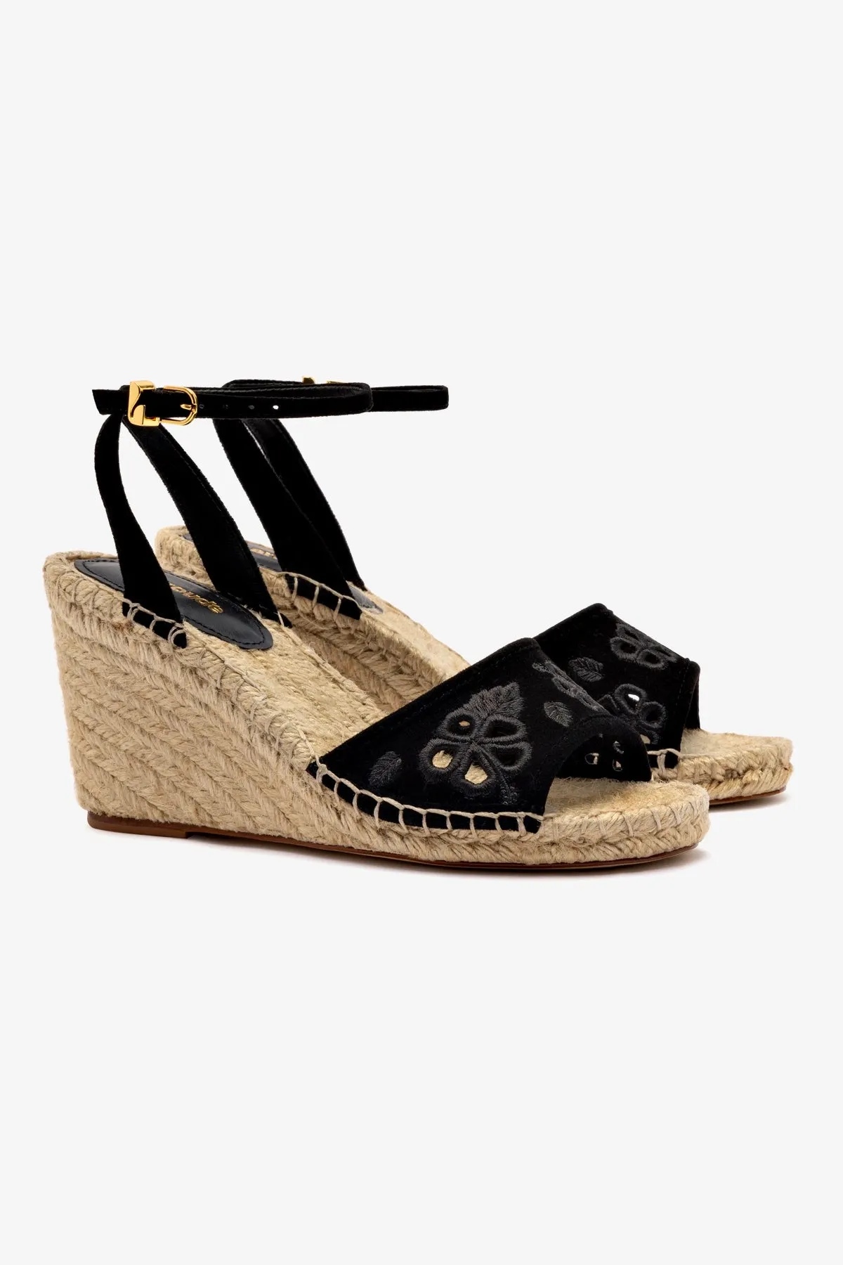Letizia Espadrille Wedge In Black Suede and Hibiscus Broderie sold by Larroude product image thumbnail 2