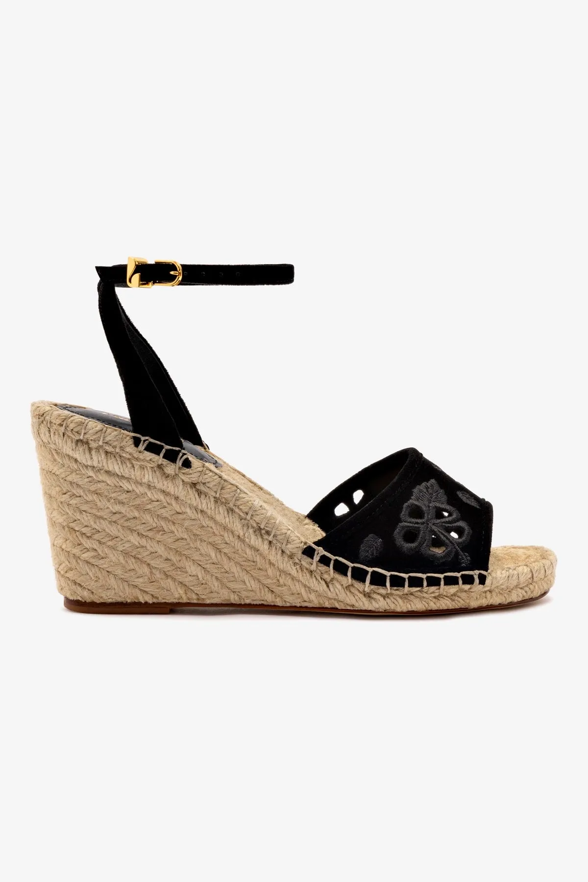 Letizia Espadrille Wedge In Black Suede and Hibiscus Broderie sold by Larroude