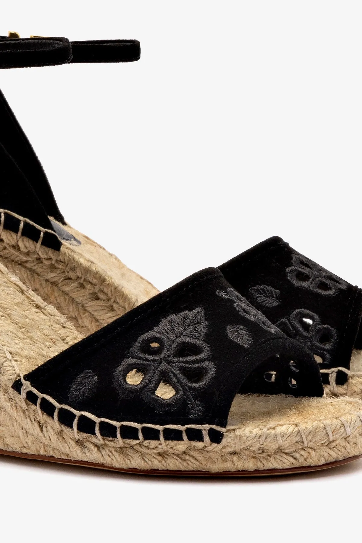 Letizia Espadrille Wedge In Black Suede and Hibiscus Broderie sold by Larroude product image thumbnail 4