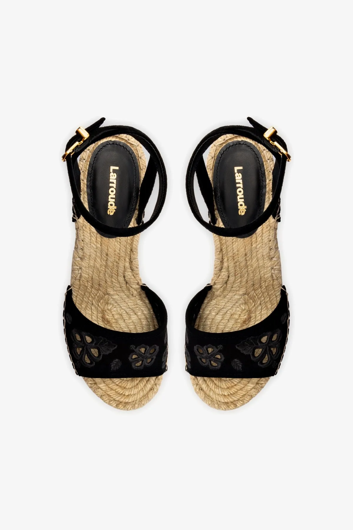 Letizia Espadrille Wedge In Black Suede and Hibiscus Broderie sold by Larroude product image thumbnail 3