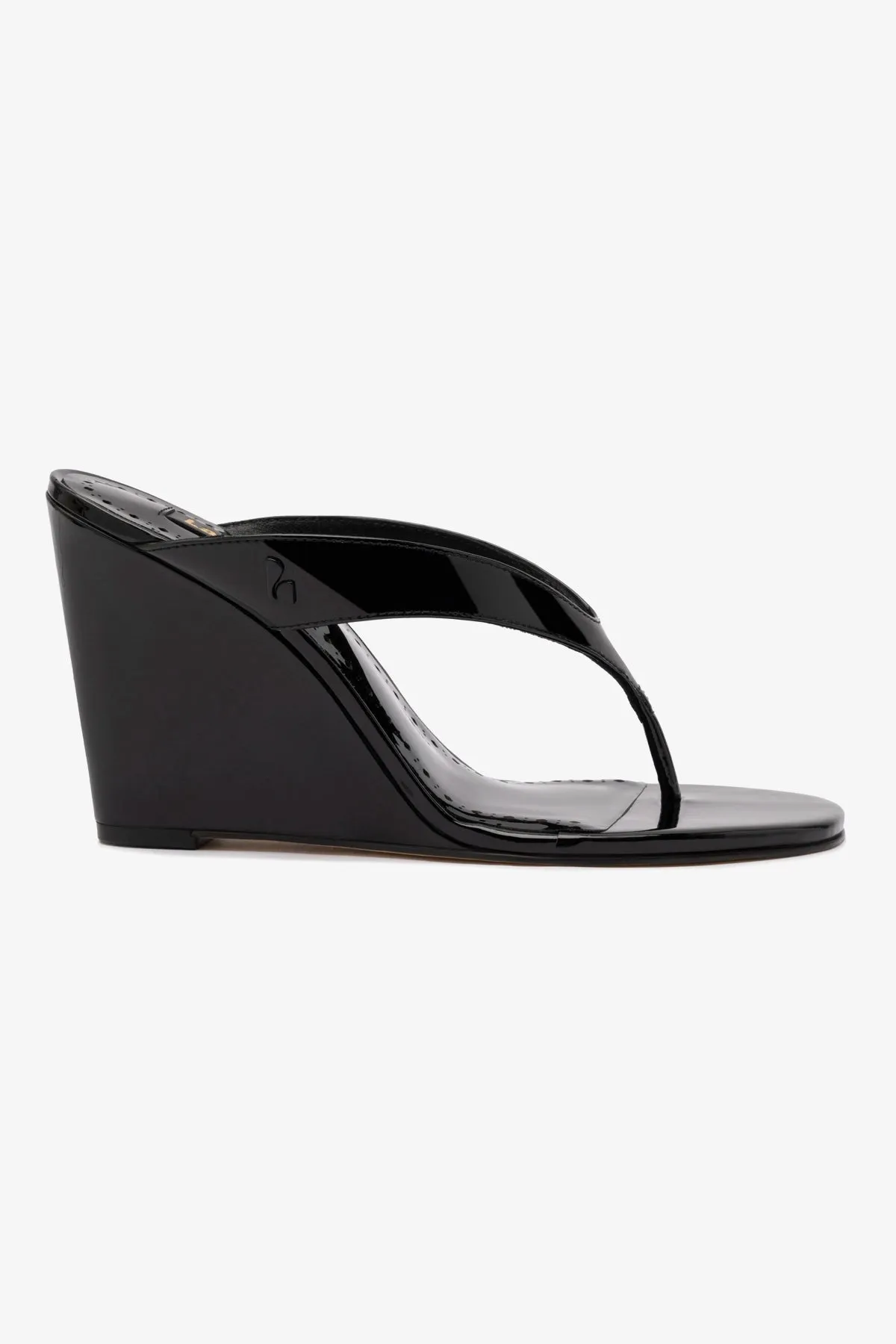 Gaia Wedge Sandal In Black Leather sold by Larroude