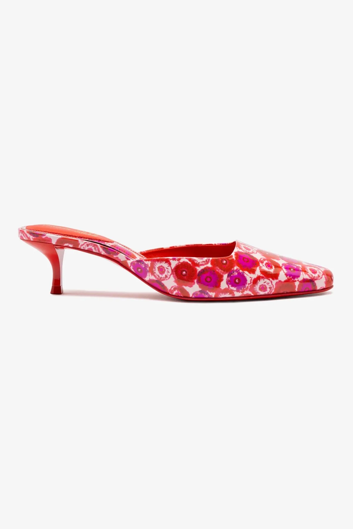 Larroudé x Jonathan Cohen Amal Mule In Red Abstract Printed Patent Leather sold by Larroude