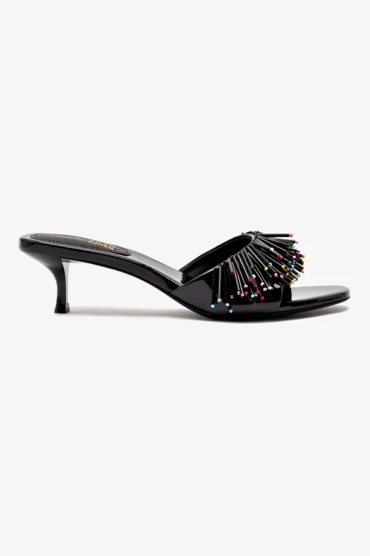 Larroudé x Jonathan Cohen Fringe Greta Mule In Black Patent Leather sold by Larroude