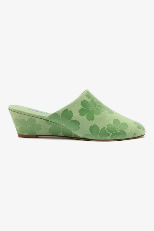 Venice Wedge In Pistacchio Sakura Printed Suede sold by Larroude