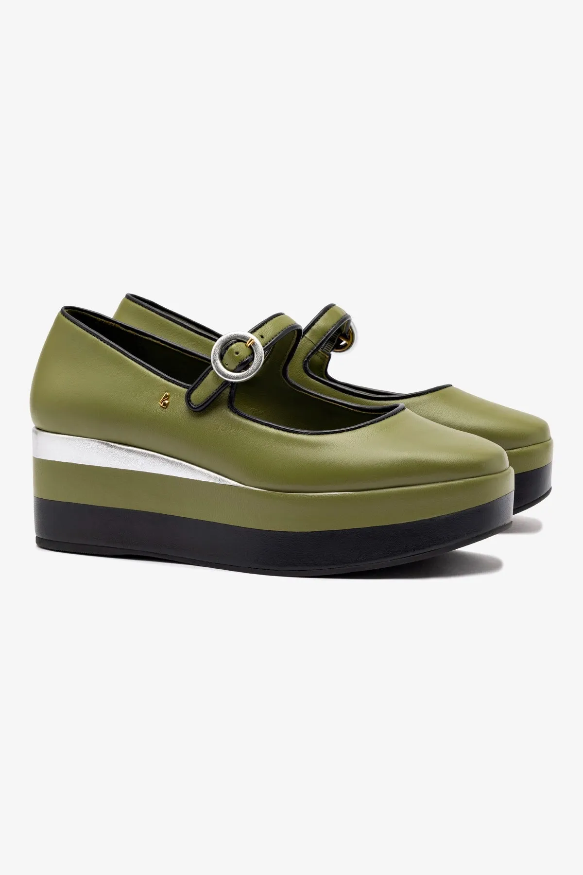 Blair Flatform In Seaweed and Black Leather and Silver Metallic Leather sold by Larroude product image thumbnail 2
