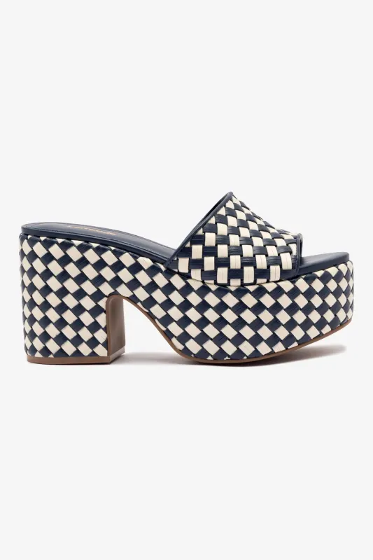 Miso Platform Sandal In Navy and Ivory Leather sold by Larroude