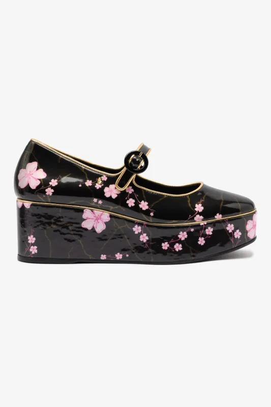 Blair Flatform In Black Sakura Printed Leather sold by Larroude