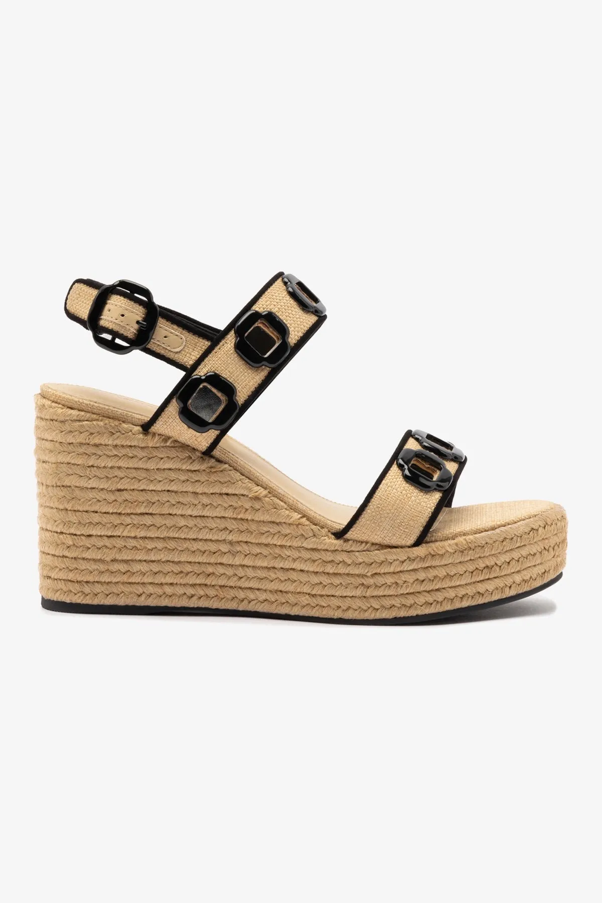 Milan Espadrille In Beige Raffia and Black Trimming sold by Larroude