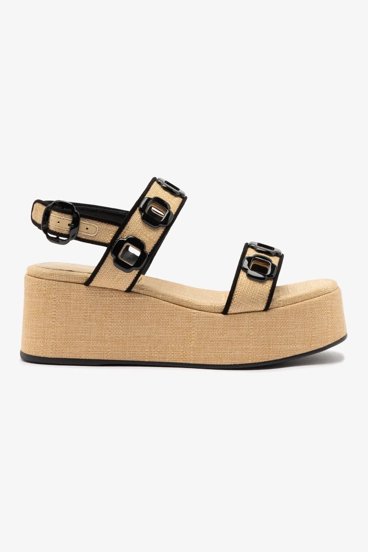 Milan Flatform In Beige Raffia and Black Trimming sold by Larroude