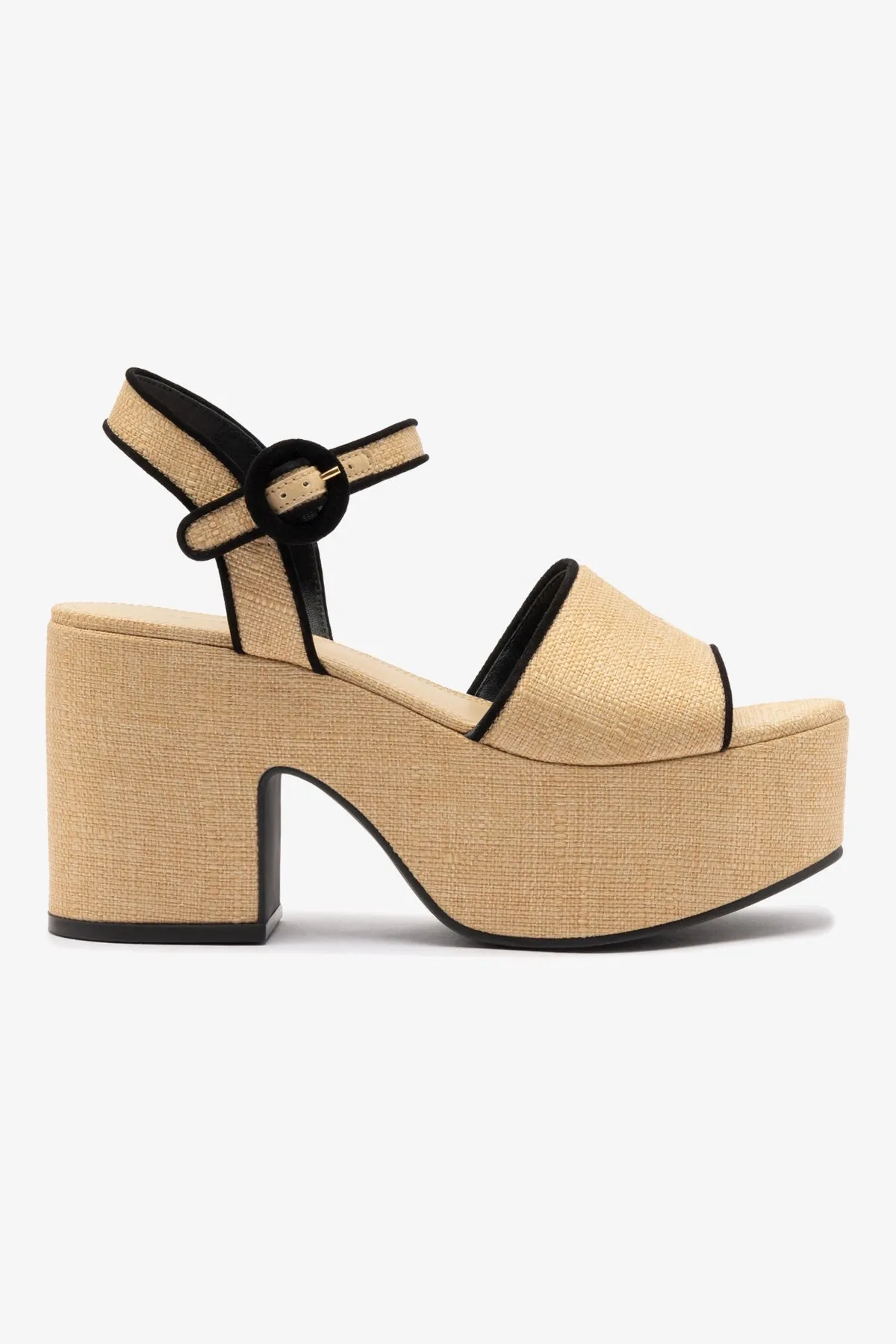 Miso Sandal In Beige Raffia and Black Trimming sold by Larroude
