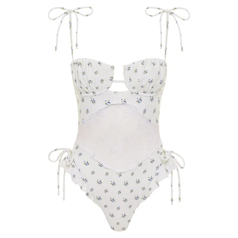 Heidi Floral Petal Variation One-Piece w/ Lace sold by Larroude