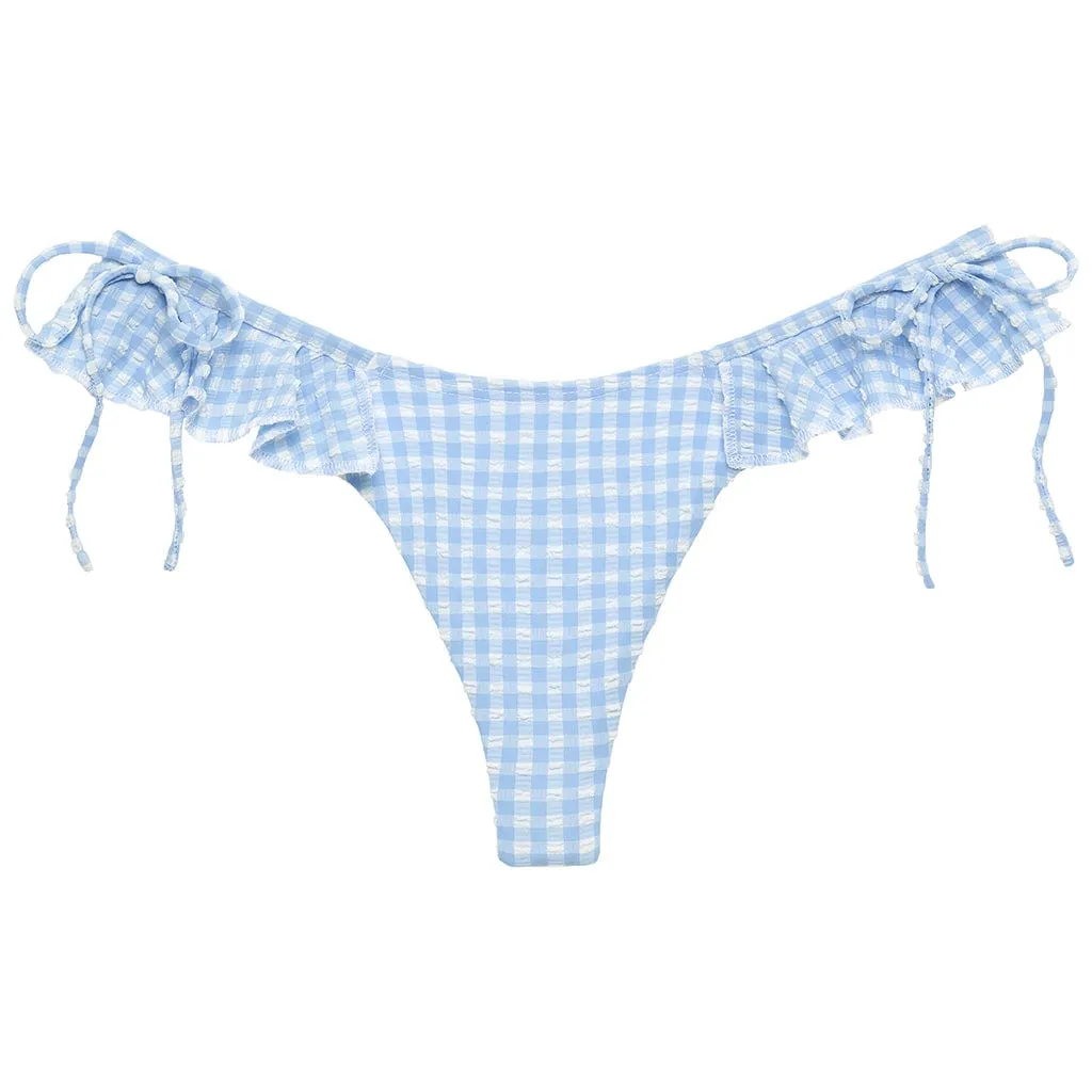 Peri Micro Gingham Uno Ruffle Bows Bikini Bottom sold by Larroude