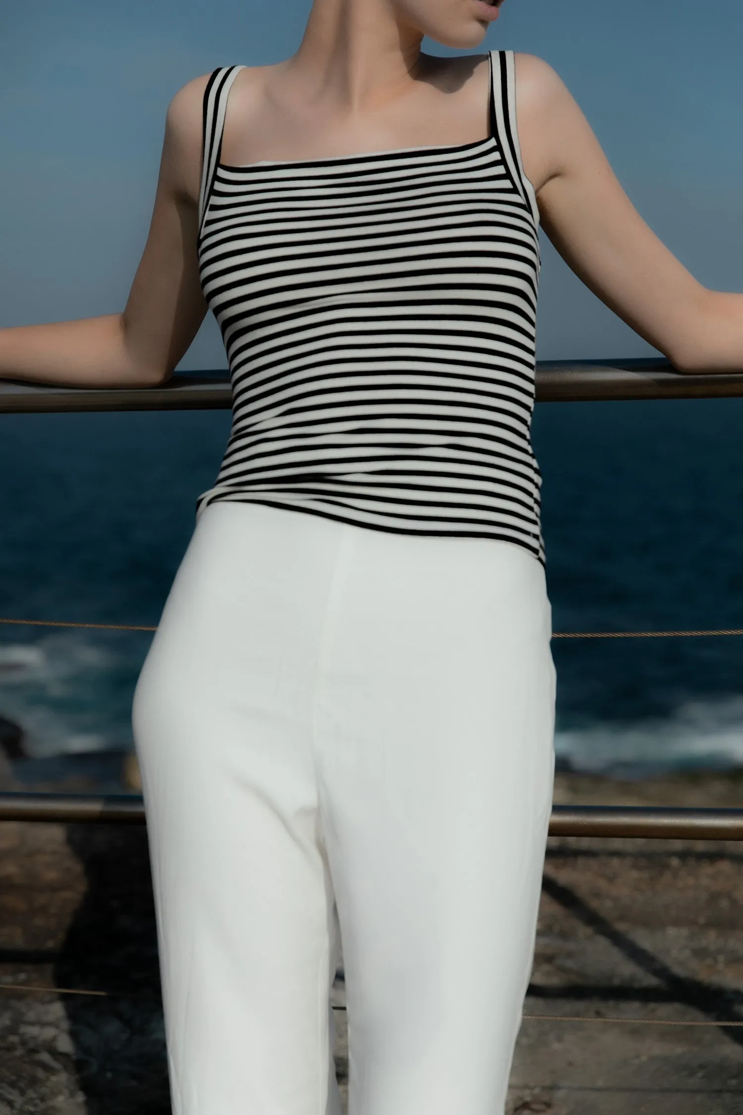 Square Neck Tank Top In Black & White Stripe Jersey sold by Larroude product image thumbnail 2