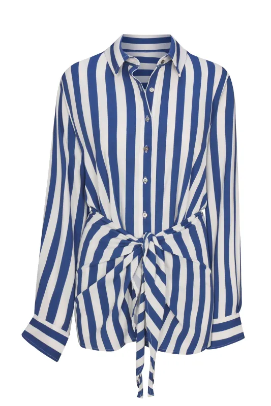 L.A. Button-Down Wrap Mini Dress in Striped Stretch Twill sold by Larroude
