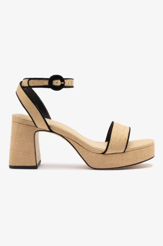 Dolly Low Sandal In Beige Raffia and Black Trimming sold by Larroude
