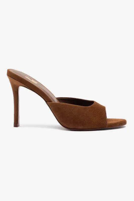 Jasmine Hi Mule In Burnt Umber Suede sold by Larroude