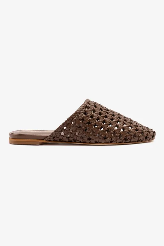 Venice Macrame Flat Mule In Burnt Umber Leather sold by Larroude