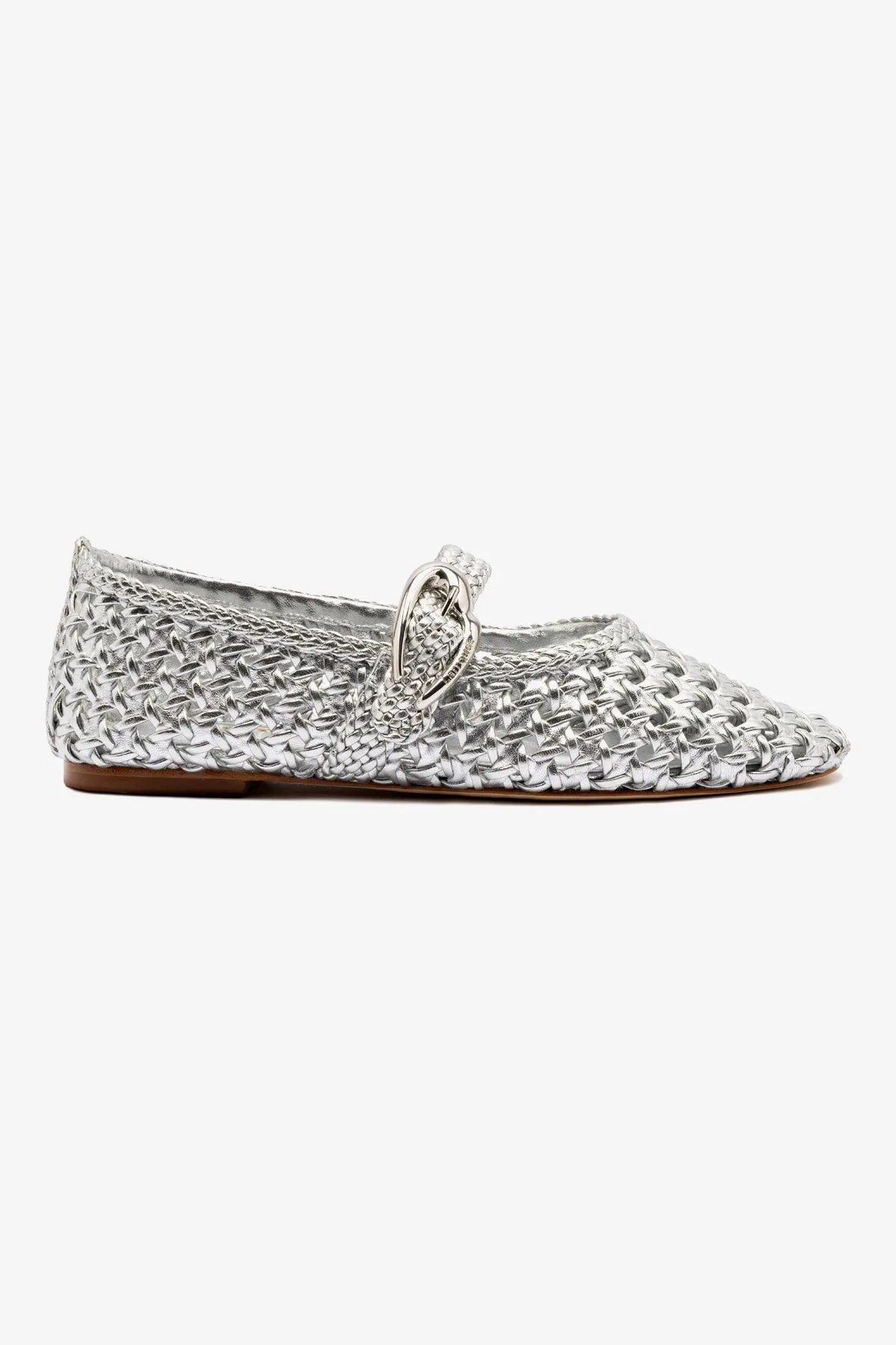 Verona Macrame Ballet Flat In SIlver Metallic Leather sold by Larroude