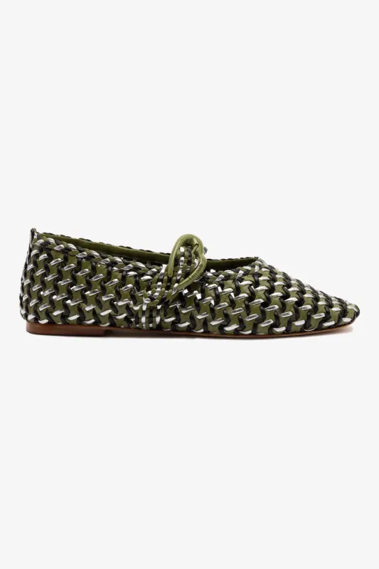 Verona Macrame Ballet Flat In Seaweed, Black and Silver Metallic Leather sold by Larroude