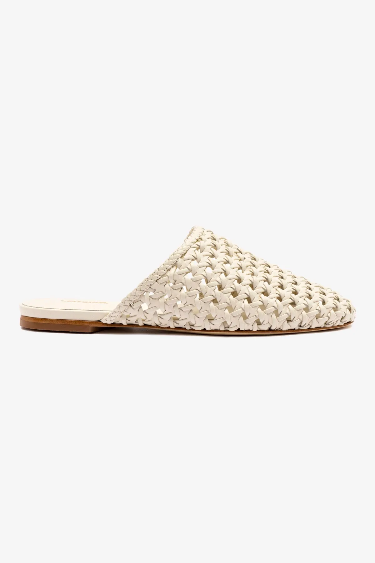 Venice Macrame Flat Mule In Ivory Leather sold by Larroude