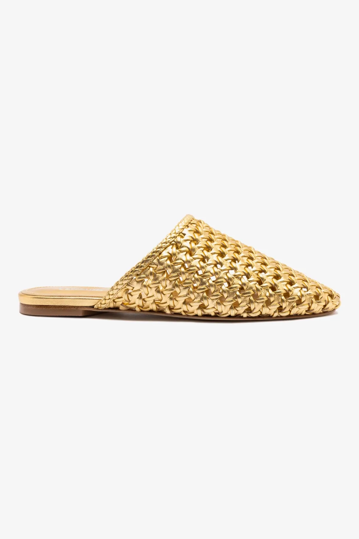 Venice Macrame Flat Mule In Gold Metallic Leather sold by Larroude