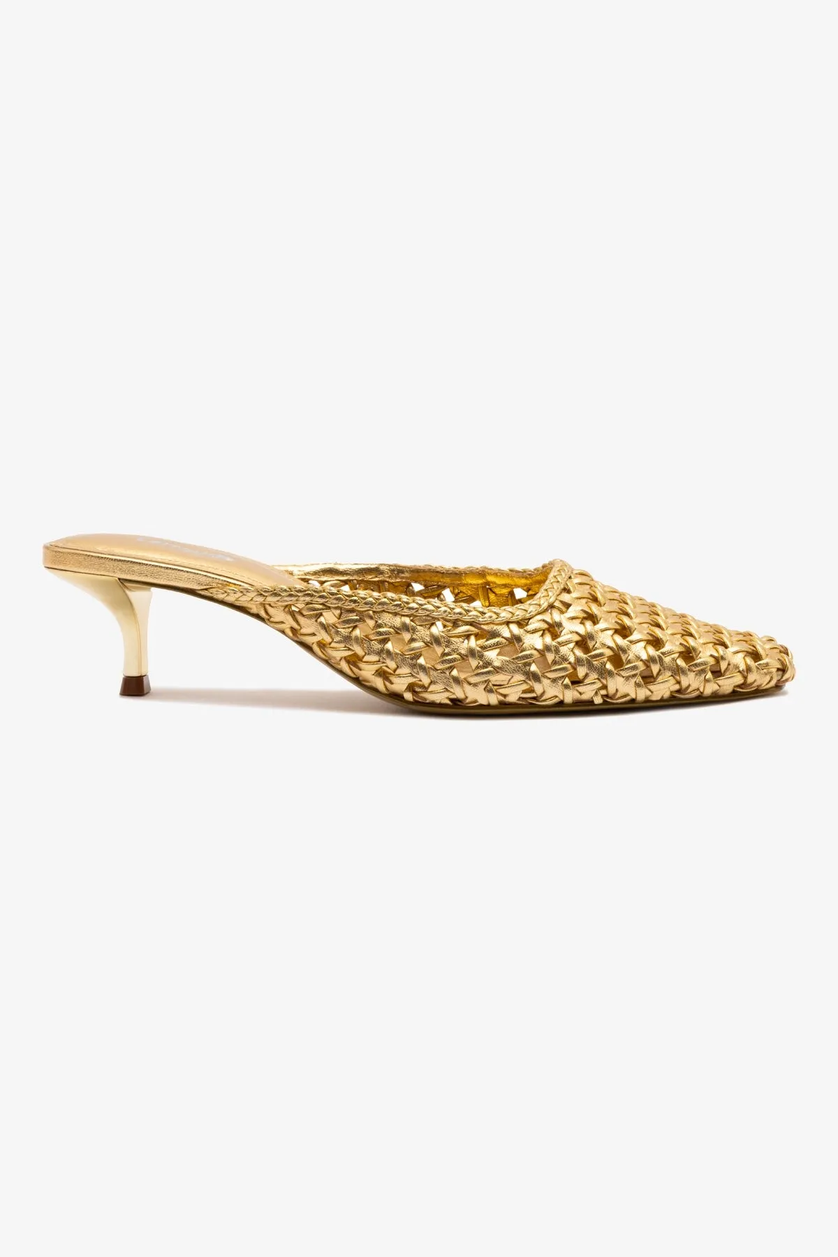 Amal Macrame Mule In Gold Metallic Leather sold by Larroude