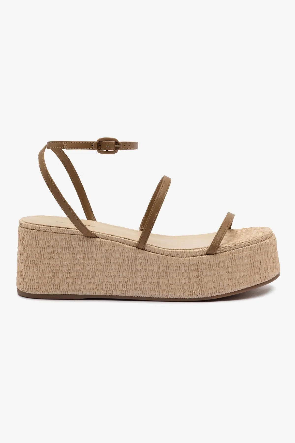 Gio Flatform Sandal In Natural Raffia and Hazelnut Trimming sold by Larroude