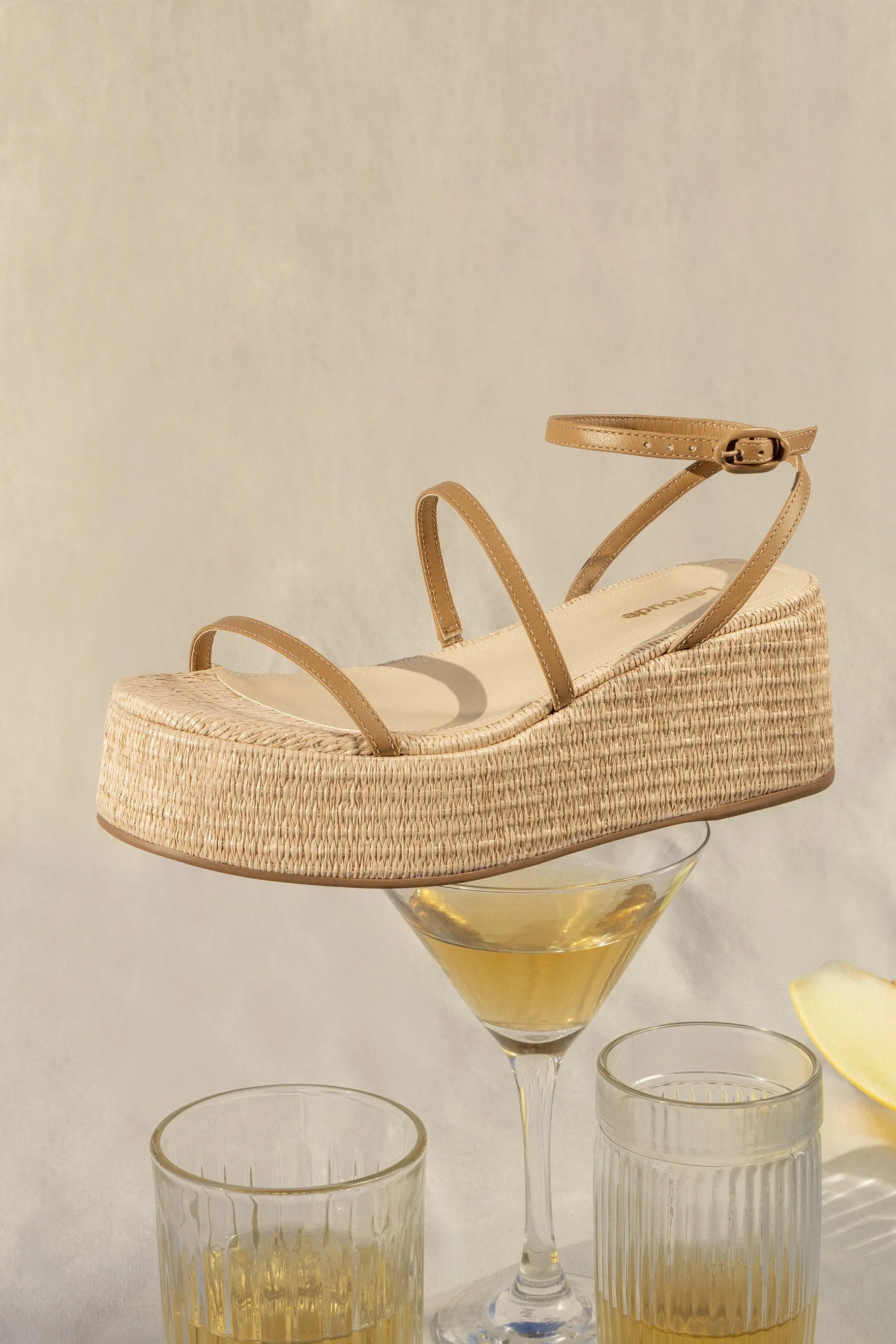 Gio Flatform Sandal In Natural Raffia and Hazelnut Trimming sold by Larroude product image thumbnail 2