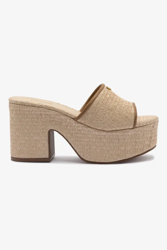 Miso Platform Sandal In Natural Raffia and Hazelnut Trimming sold by Larroude