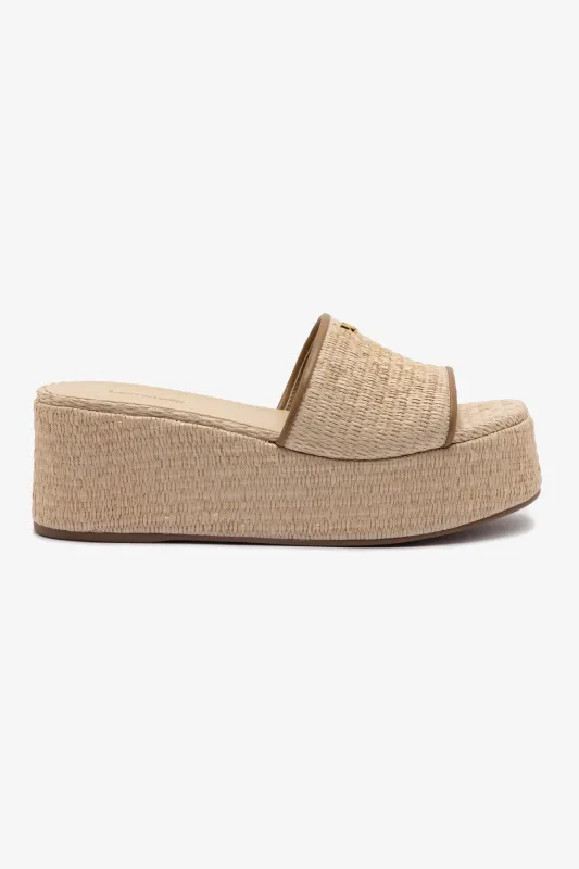 Alex Flatform Mule In Natural Raffia and Hazelnut Trimming sold by Larroude