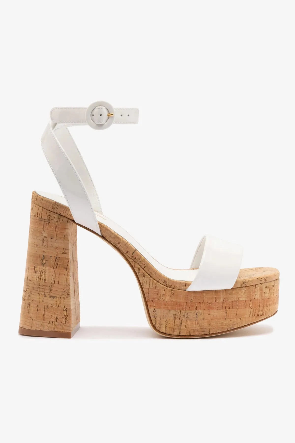 Dolly Sandal In White Patent Leather and Natural Cork sold by Larroude