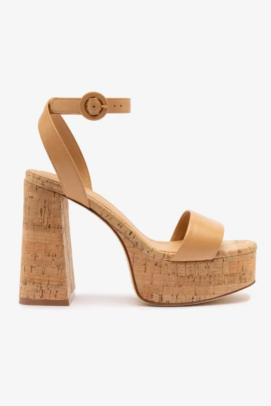 Dolly Sandal In Tan Leather and Natural Cork sold by Larroude