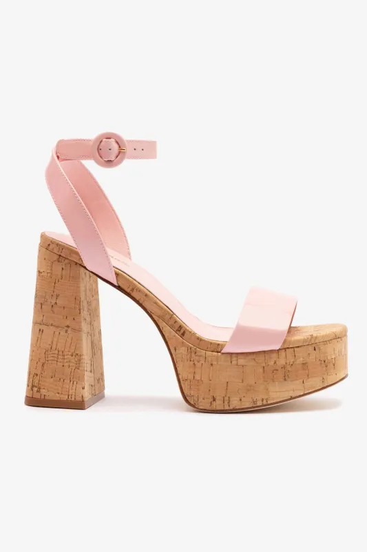 Dolly Sandal In Tulip Patent Leather and Natural Cork sold by Larroude