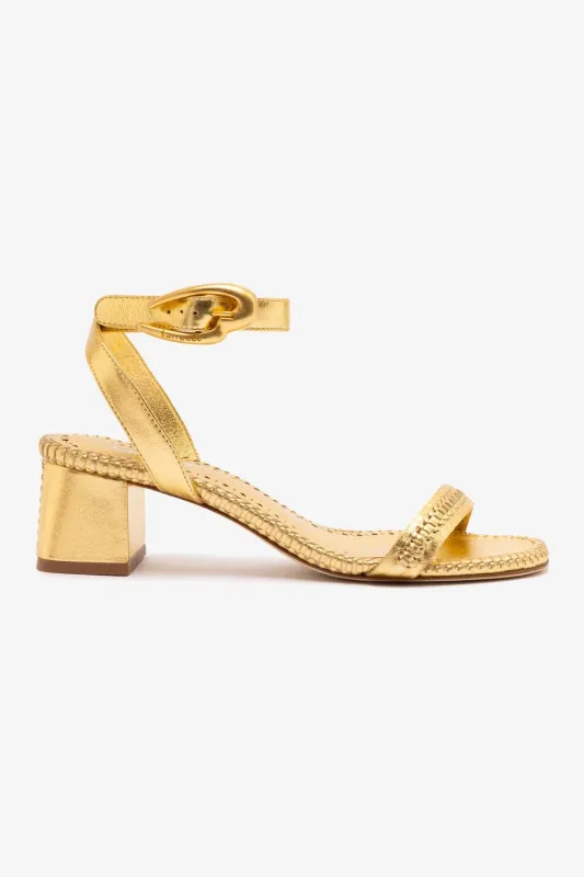Verona Block Sandal In Gold Metallic Leather sold by Larroude