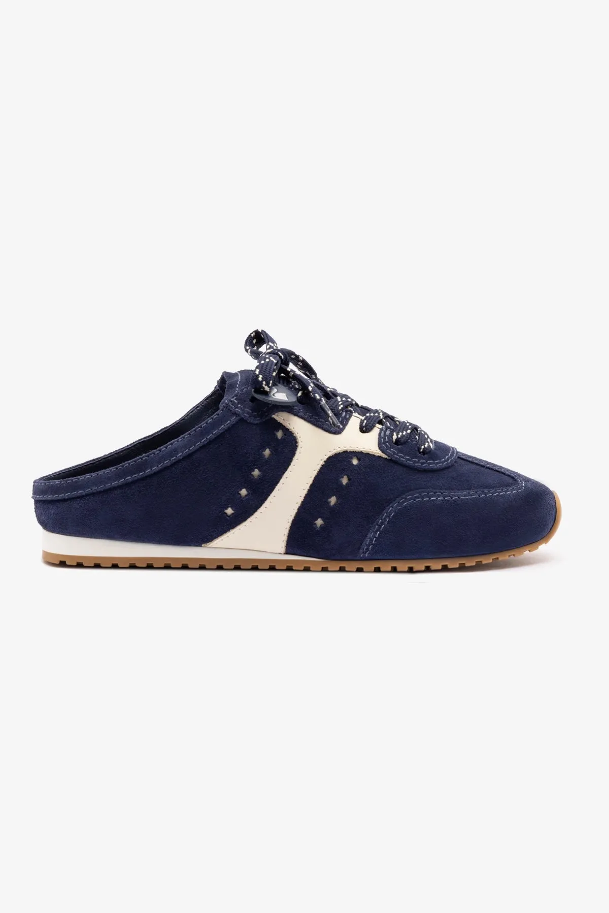 Stella Mule In Navy Suede and Ivory Leather sold by Larroude