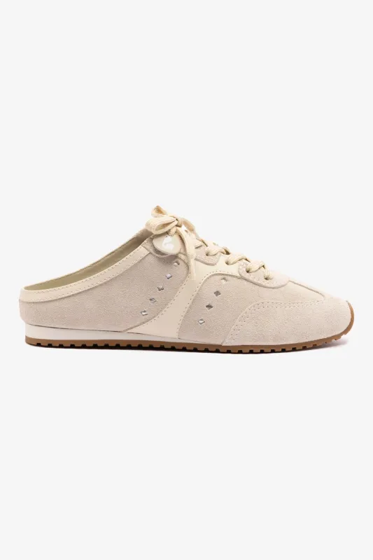Stella Mule In Mushroom Grey Suede and Ivory Leather sold by Larroude