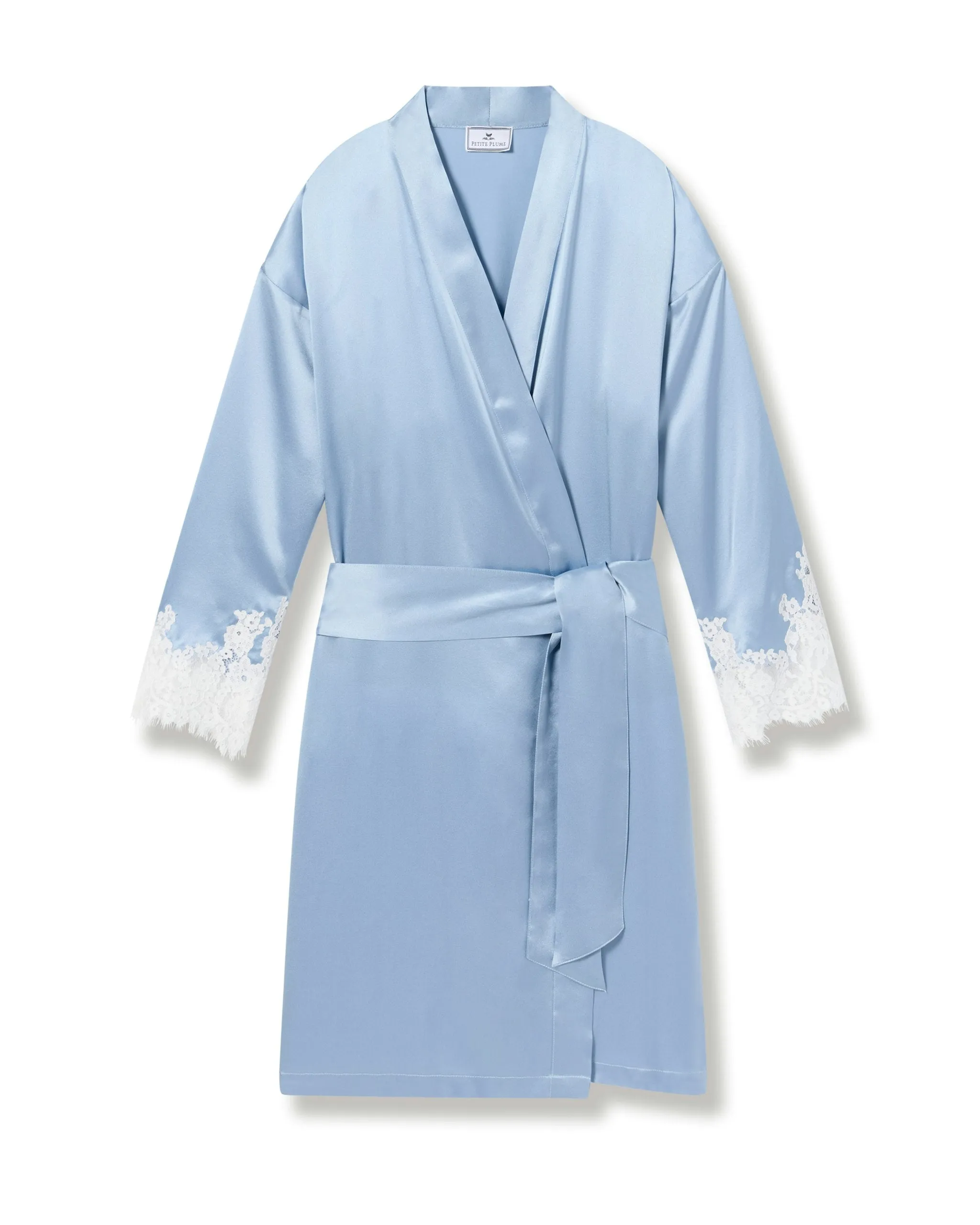 Women's Silk Lace Robe in Periwinkle sold by Larroude