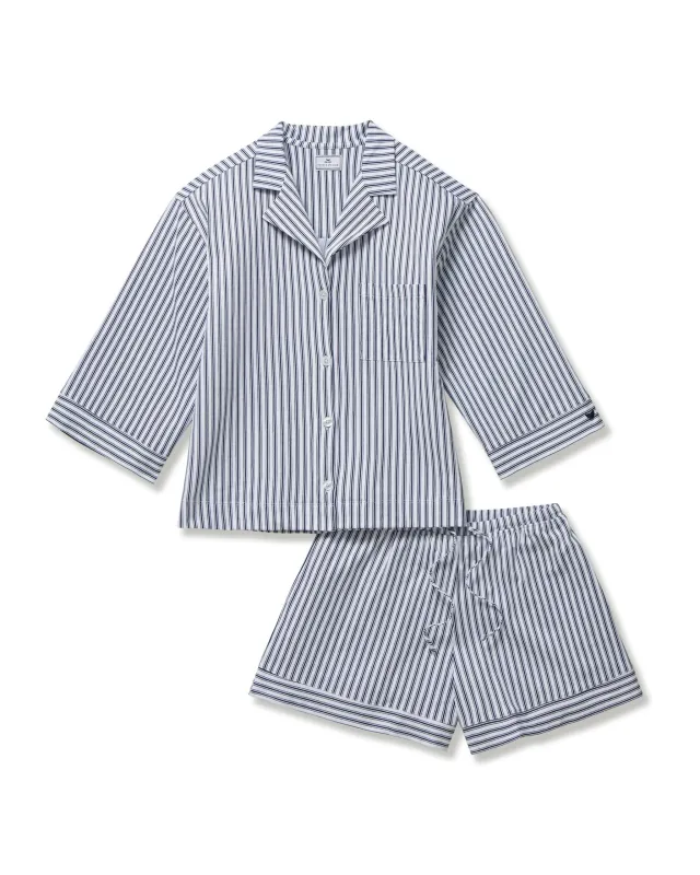 The Olivia Pima Short Set in Navy French Ticking sold by Larroude