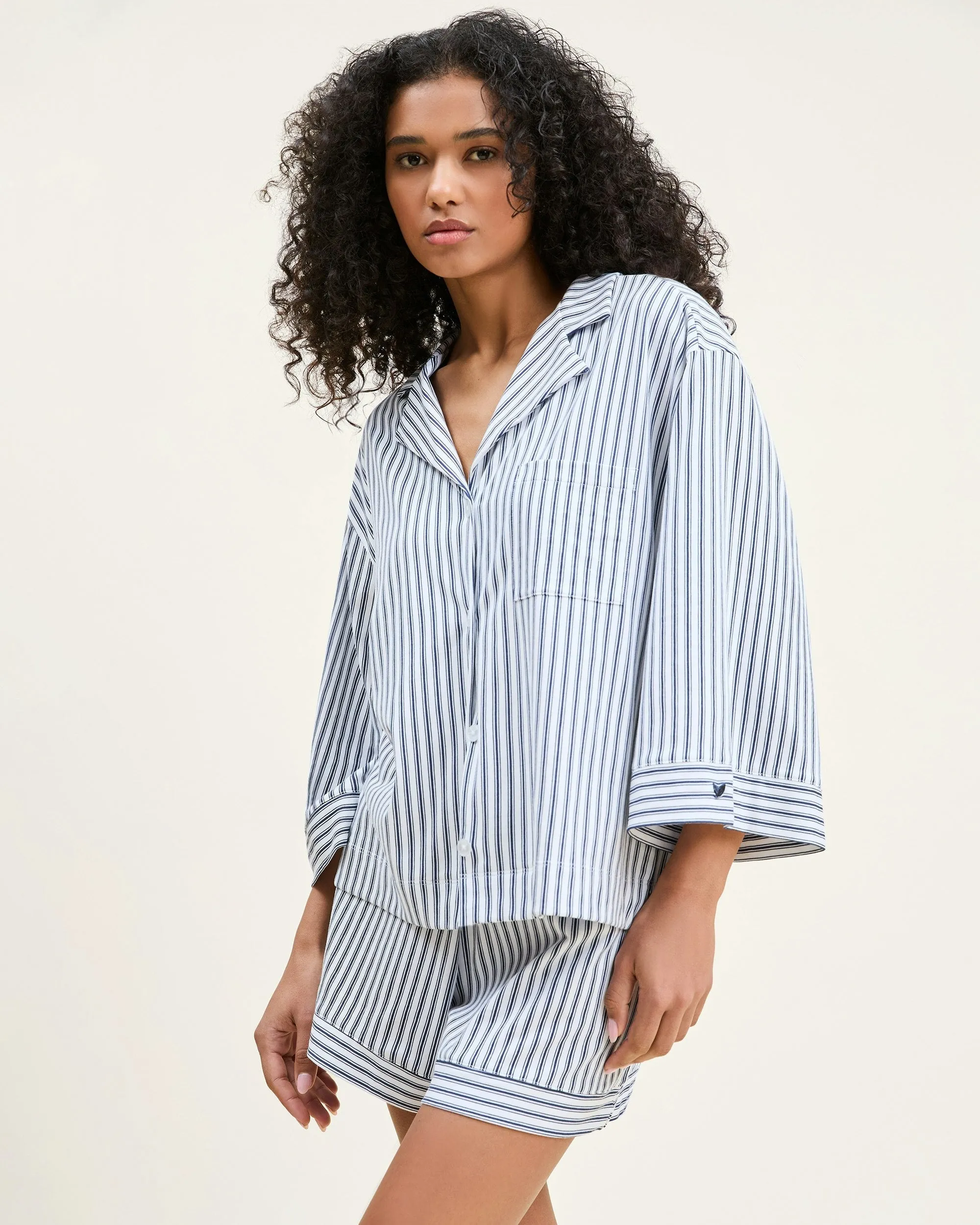 The Olivia Pima Short Set in Navy French Ticking sold by Larroude product image thumbnail 4