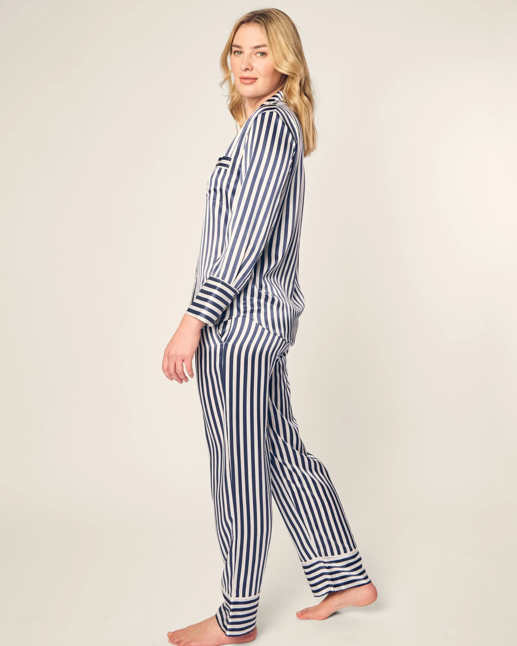 Women's Silk Pajama Set in Navy Bengal Stripe sold by Larroude product image thumbnail 3