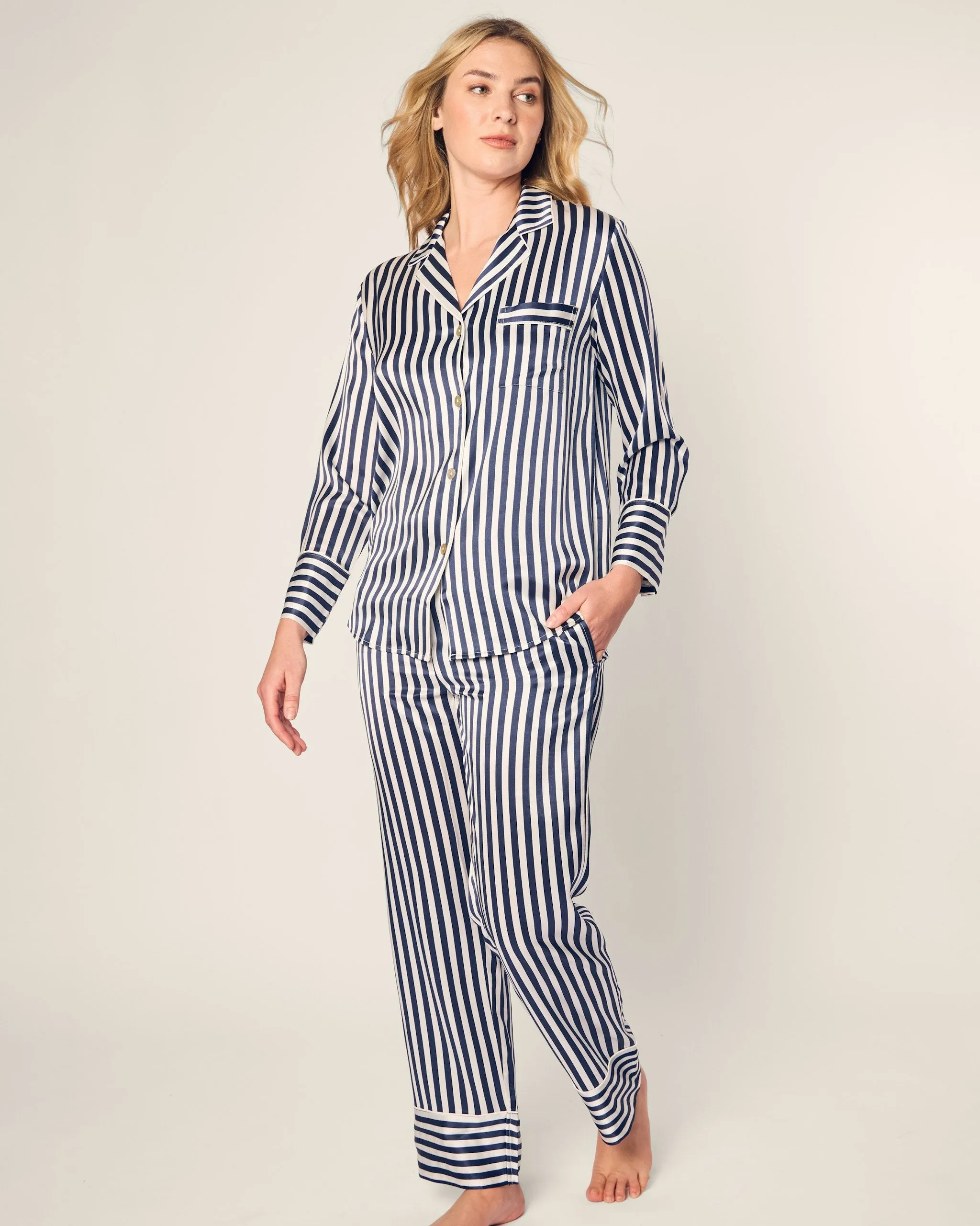 Women's Silk Pajama Set in Navy Bengal Stripe sold by Larroude product image thumbnail 2