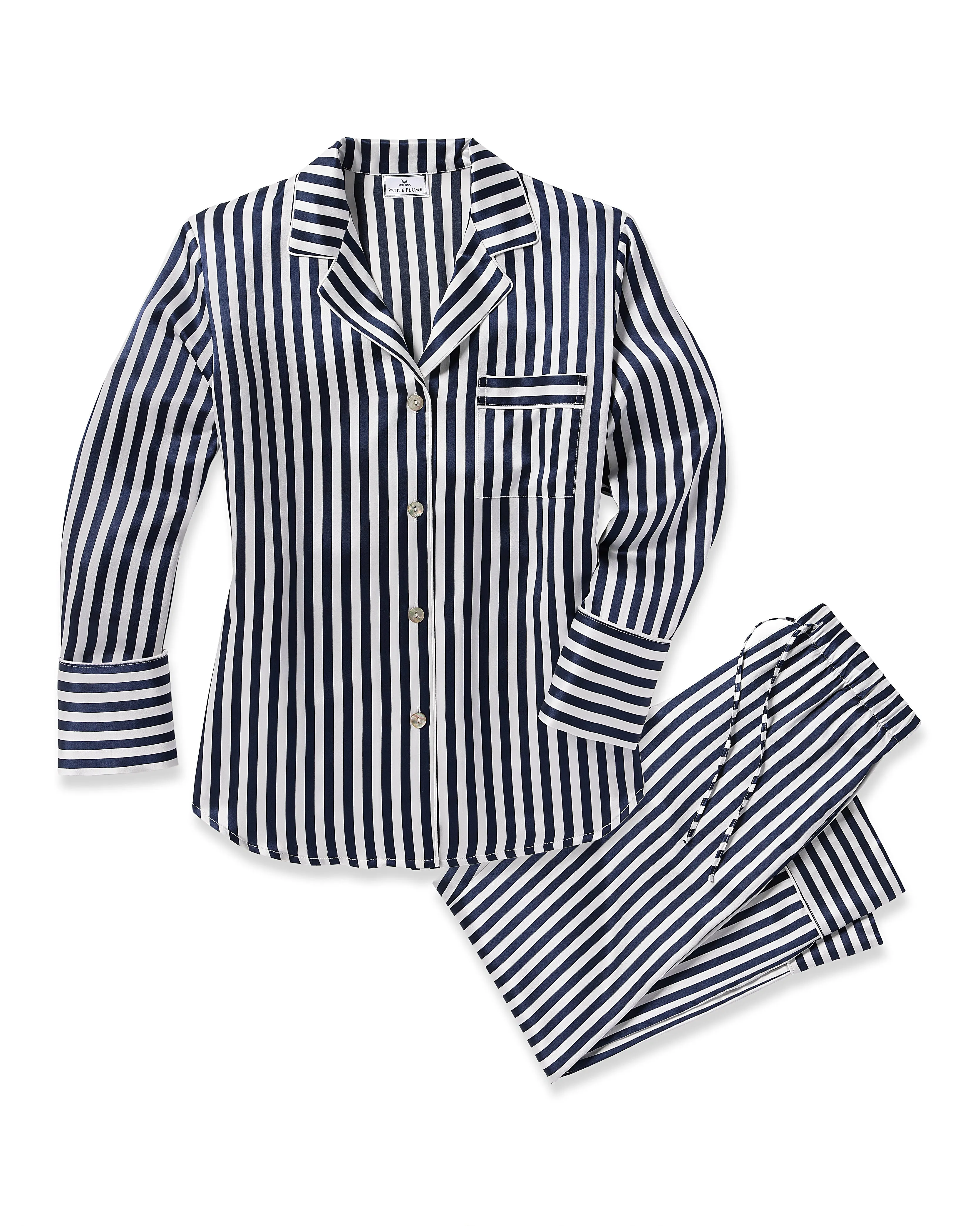Women's Silk Pajama Set in Navy Bengal Stripe sold by Larroude