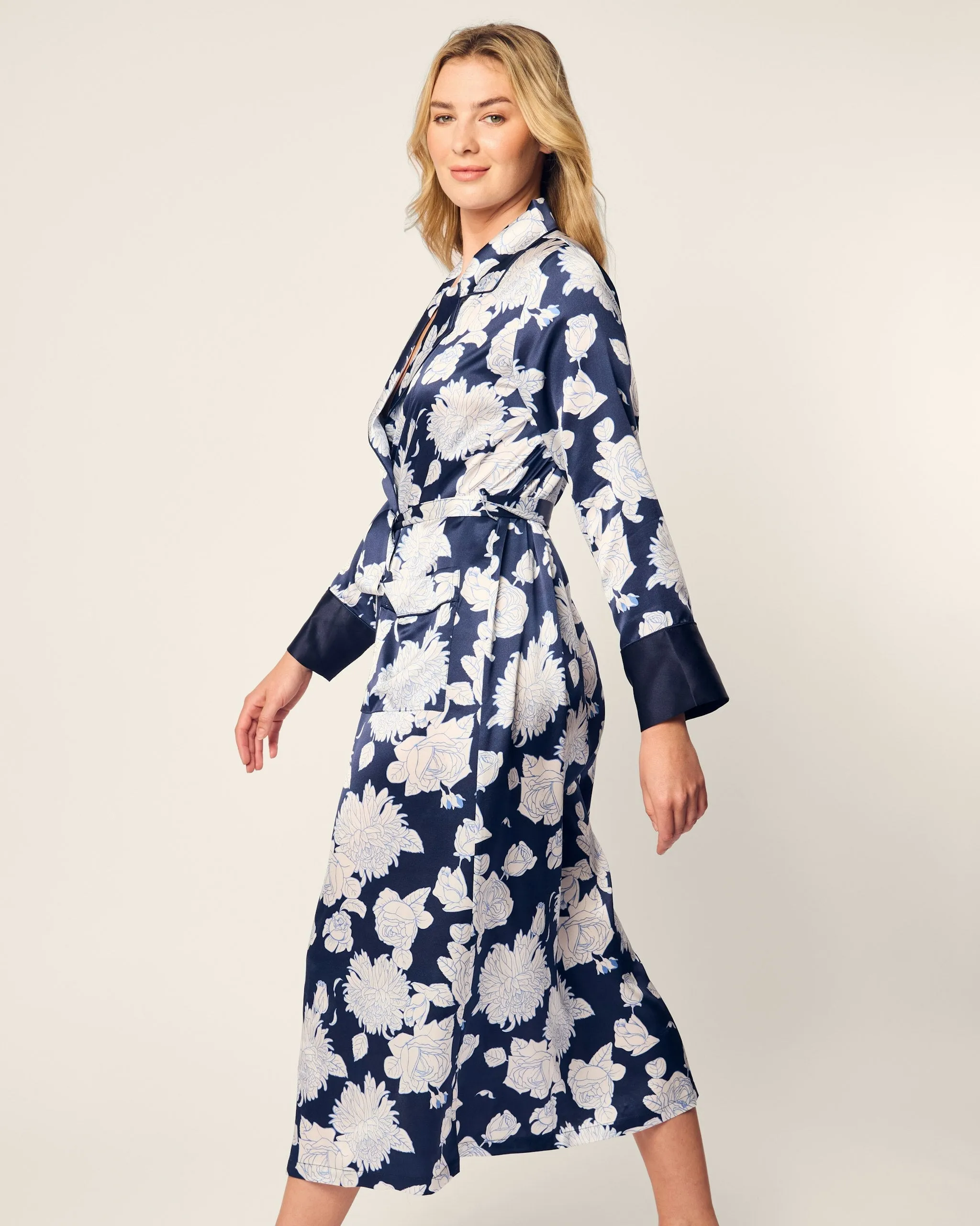 Women's Silk Robe in Midnight Blooms sold by Larroude product image thumbnail 3