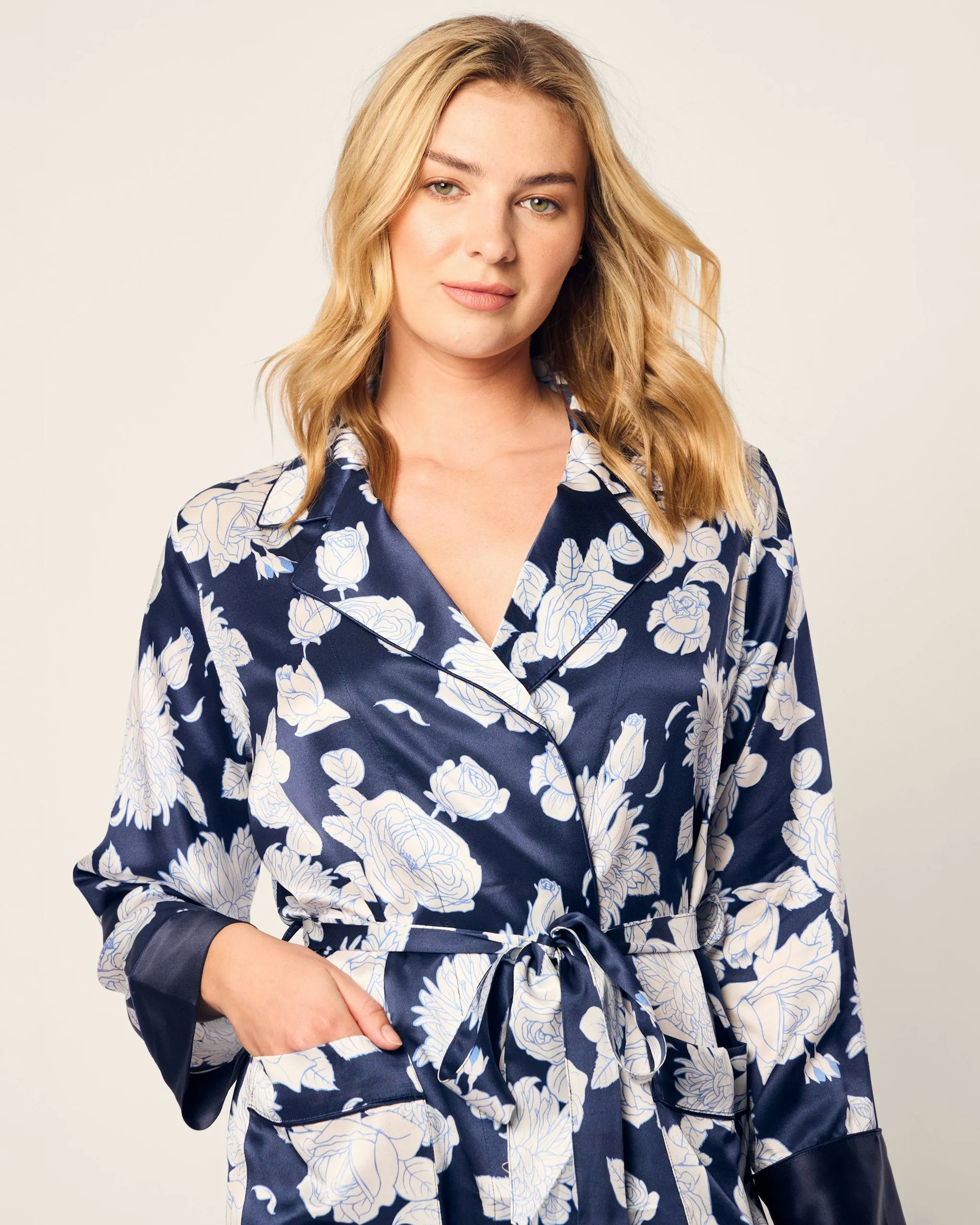 Women's Silk Robe in Midnight Blooms sold by Larroude product image thumbnail 5