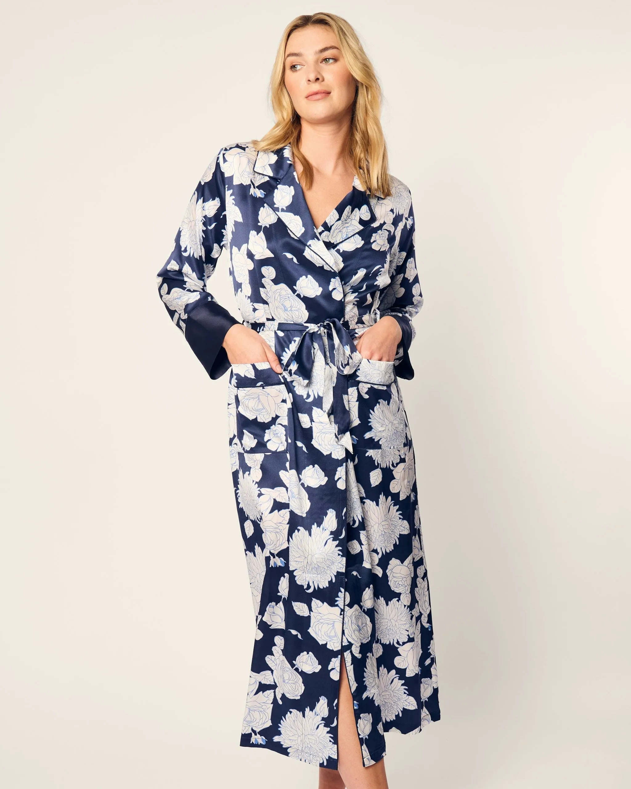 Women's Silk Robe in Midnight Blooms sold by Larroude product image thumbnail 2